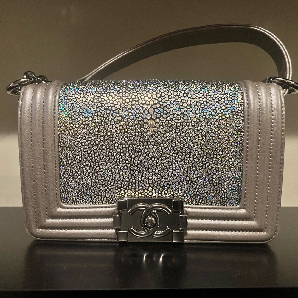 Small Chanel Stingray Exotic Boy Bag (Like New) Silver Metallic